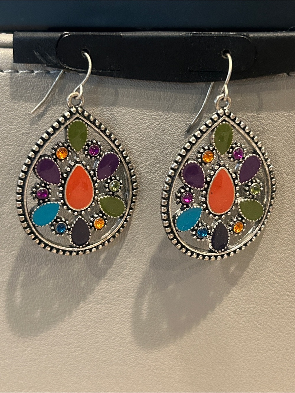 Multi-Color Teardrop Enamel and Crystal Drop Earrings